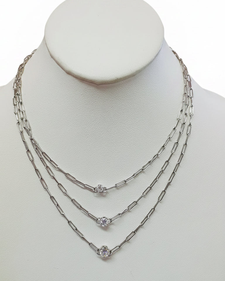 Vintage Three-Tier Floating Solitaire Paperclip Necklace