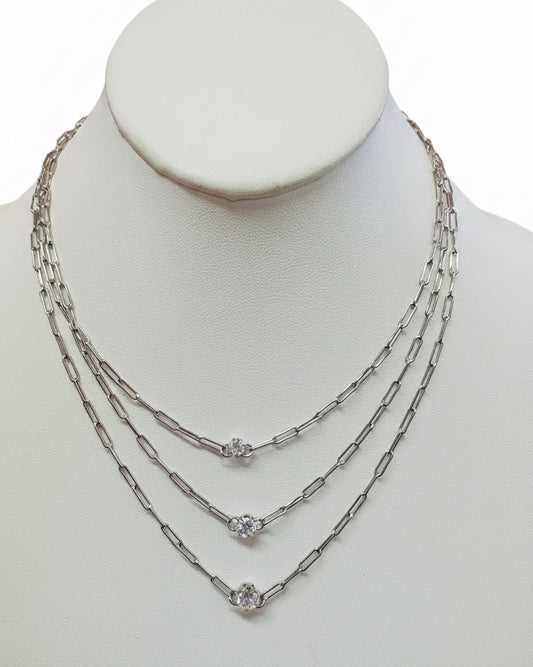 Vintage Three-Tier Floating Solitaire Paperclip Necklace