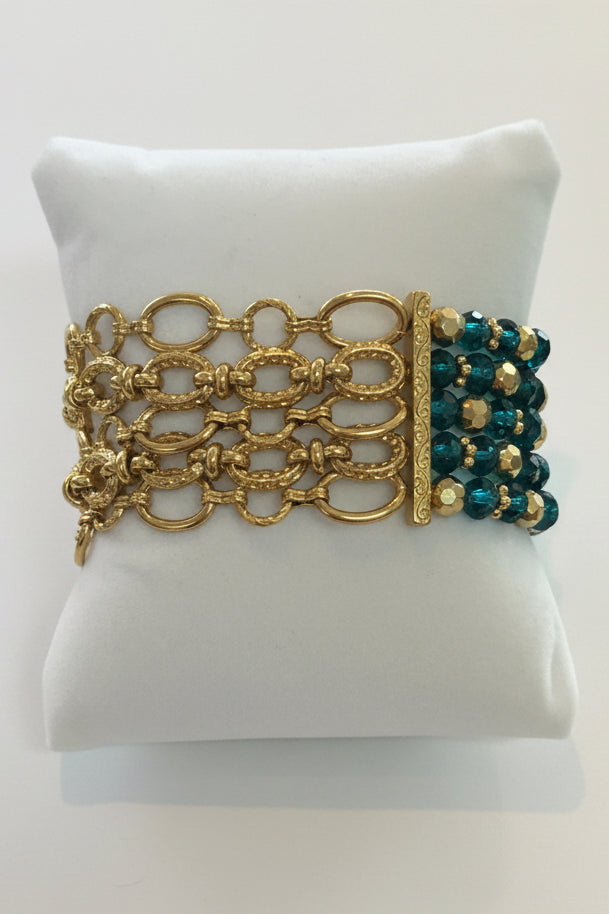 Vintage 5-Strand Teal Crystal & Gold Beaded Cuff Bracelet