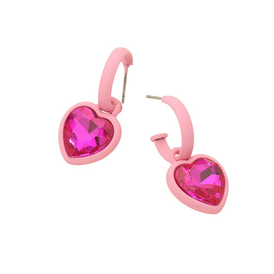 Heart Stone Charm Drop Hoop Earrings