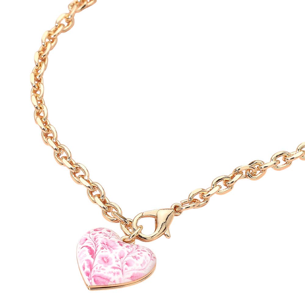Chunky Floral Heart Charm Pendant Necklace