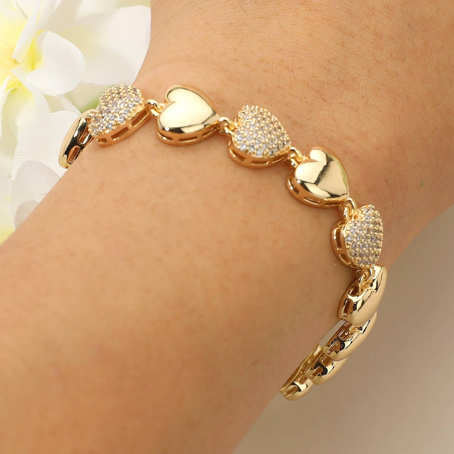 Gold Paved Heart Link Bracelet