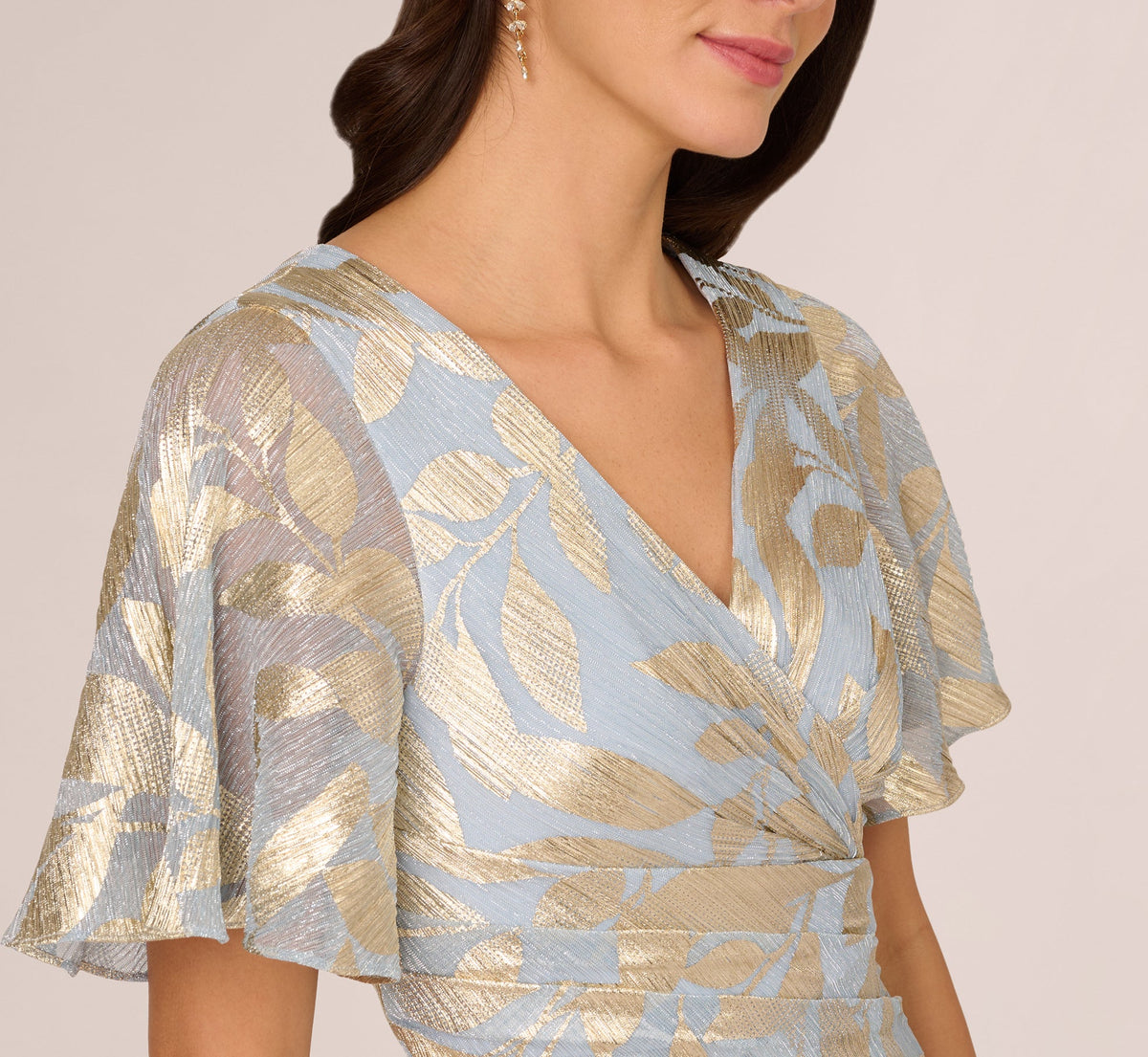 Women's Foil Leaf Flutter-Sleeve Draped Gown