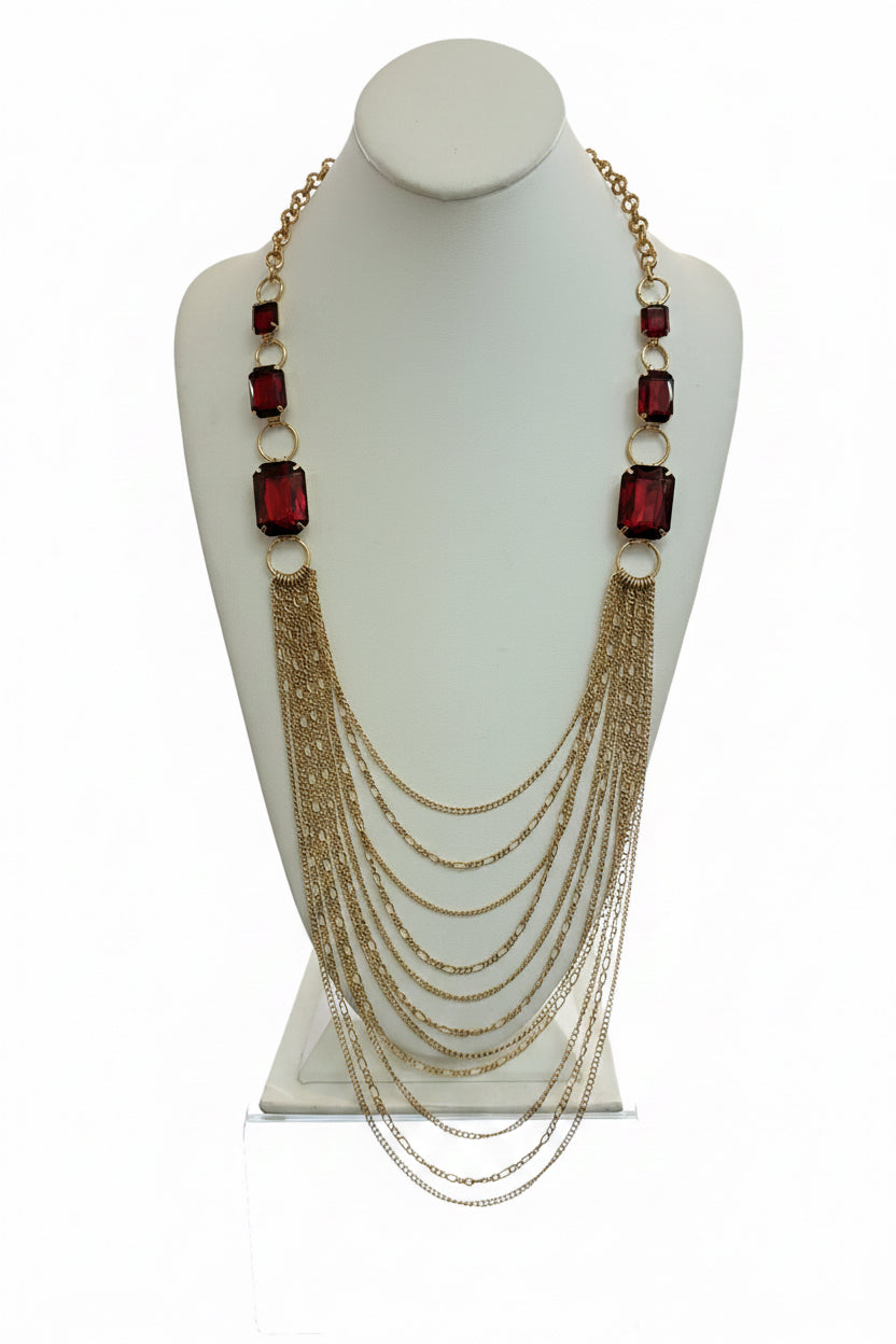 Vintage Mid-Century Ruby Red Glass & Multi-Strand Cascade Necklace