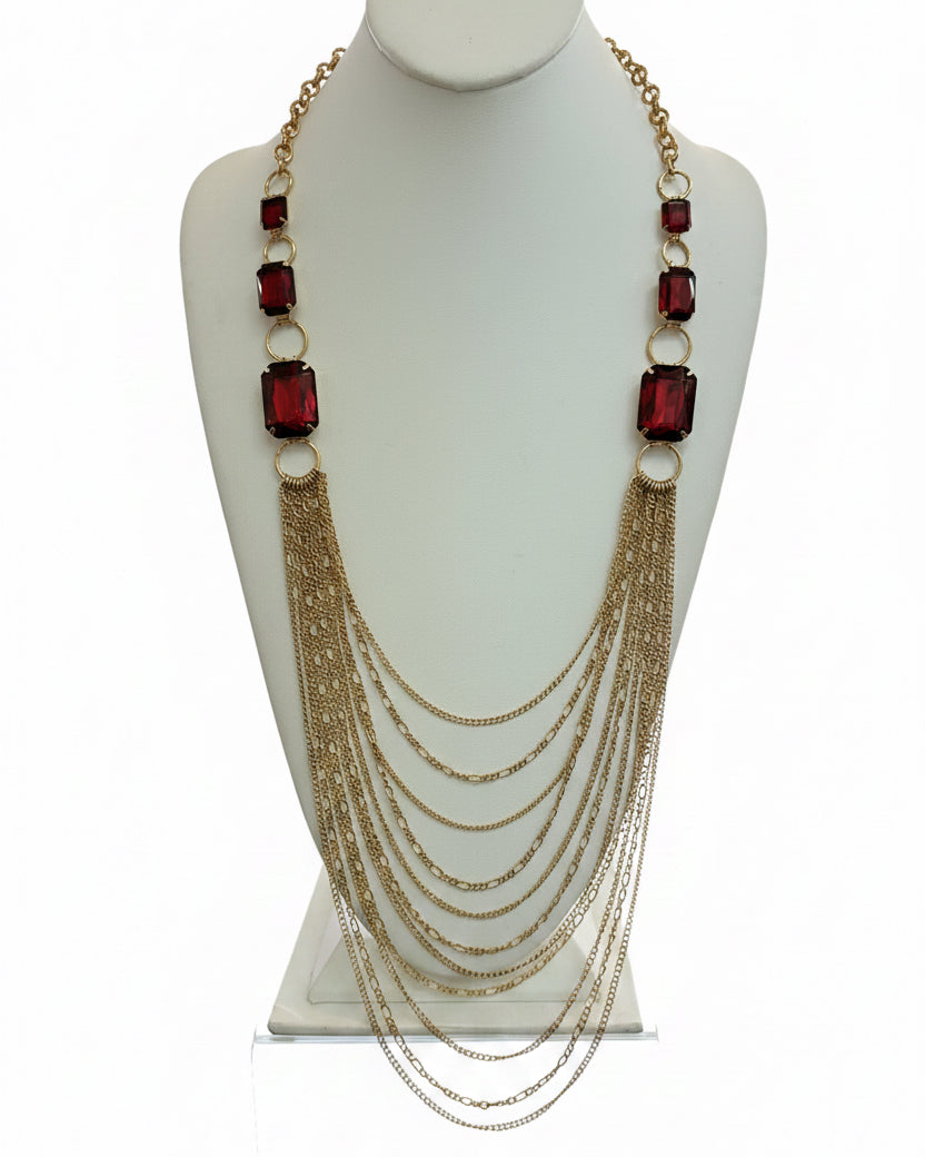 Vintage Mid-Century Ruby Red Glass & Multi-Strand Cascade Necklace
