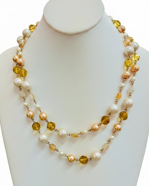 Honey Amber Pearl & Crystal Station Necklace