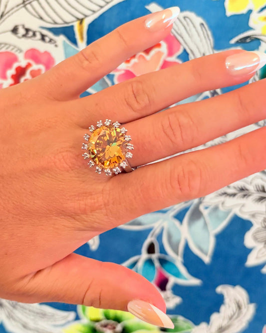 Vintage Deadstock Champagne CZ Sunburst Halo Ring