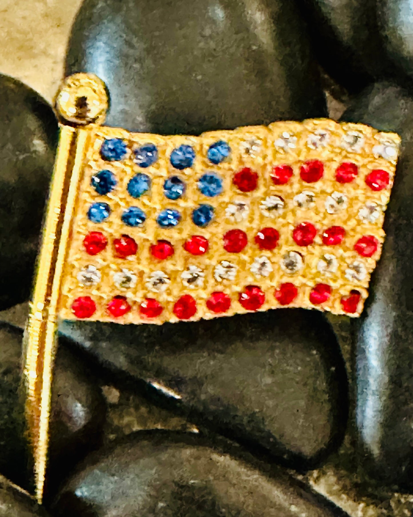 Vintage Stars and Stripes Gold Rhinestone Flag Pin