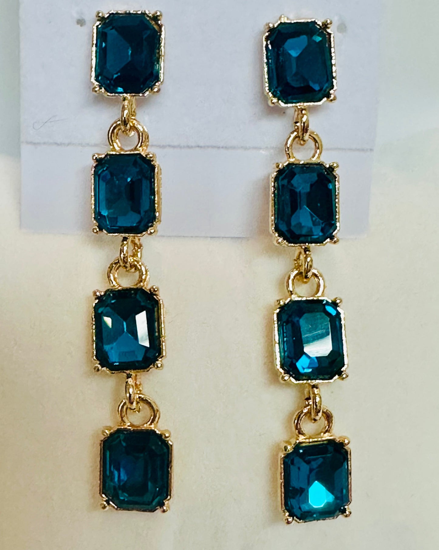 Vintage Teal Blue Emerald-Cut Linear Drop Earrings