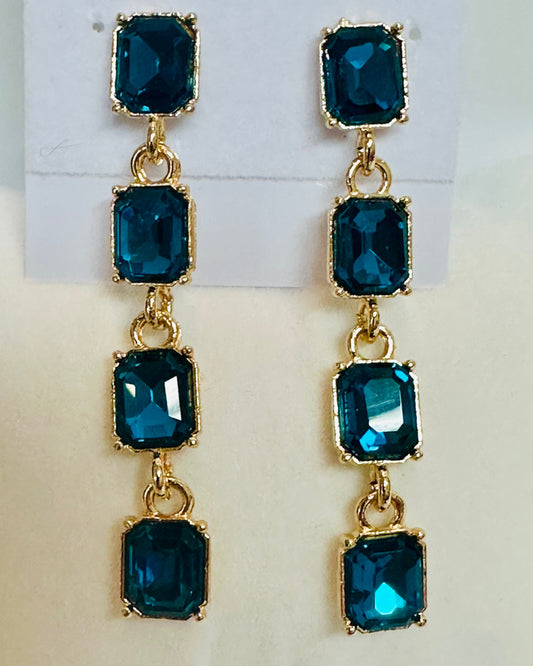 Teal Blue Emerald-Cut Linear Drop Earrings