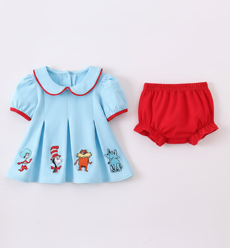 Blue Character Embroidery Bloomer Set
