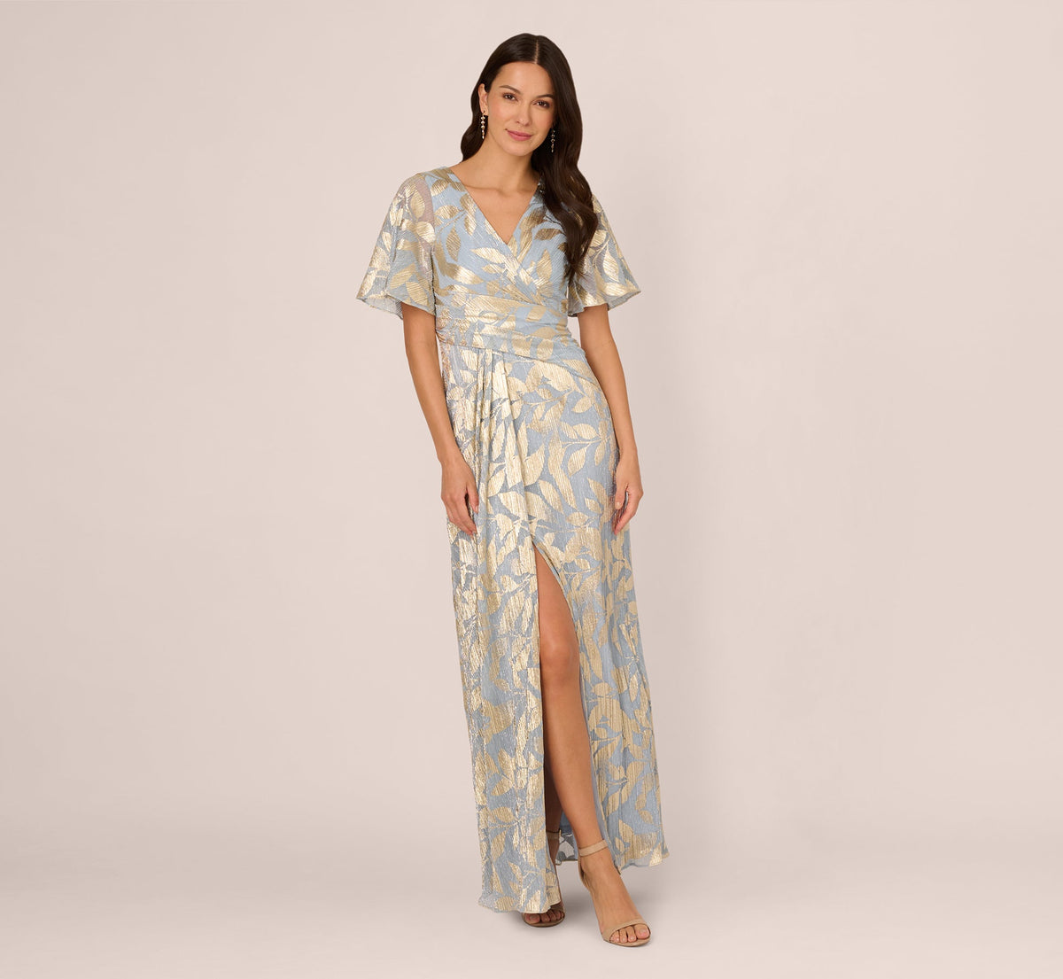 Women's Foil Leaf Flutter-Sleeve Draped Gown