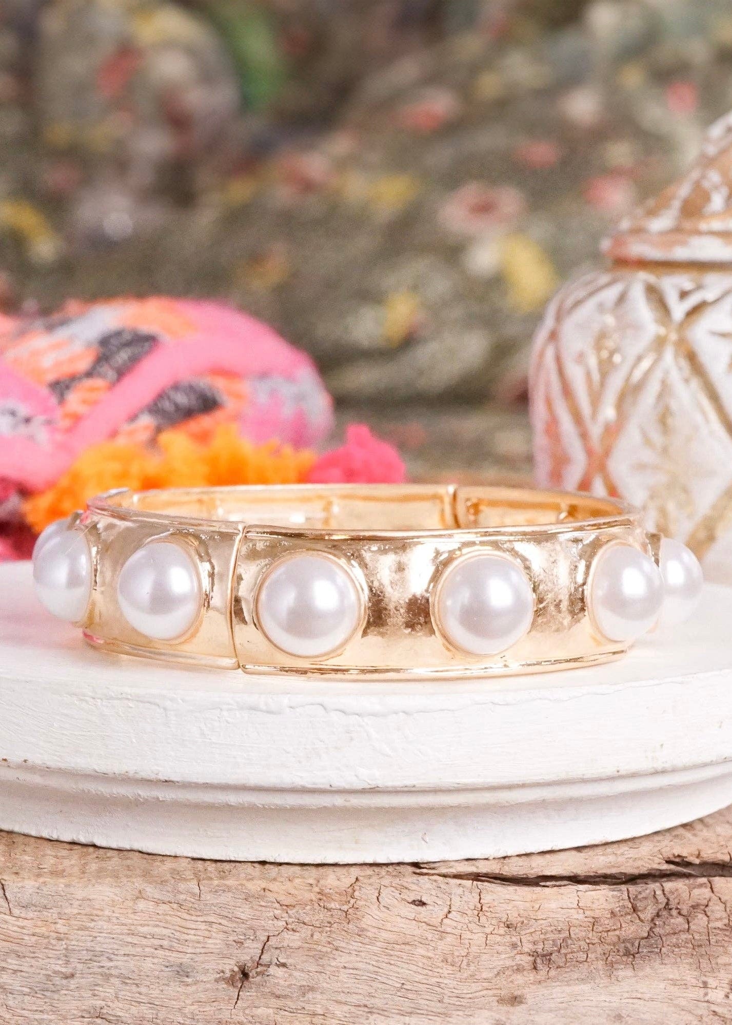 Eternity Statement Bangle Gold Silver Tone Pearls Crystals