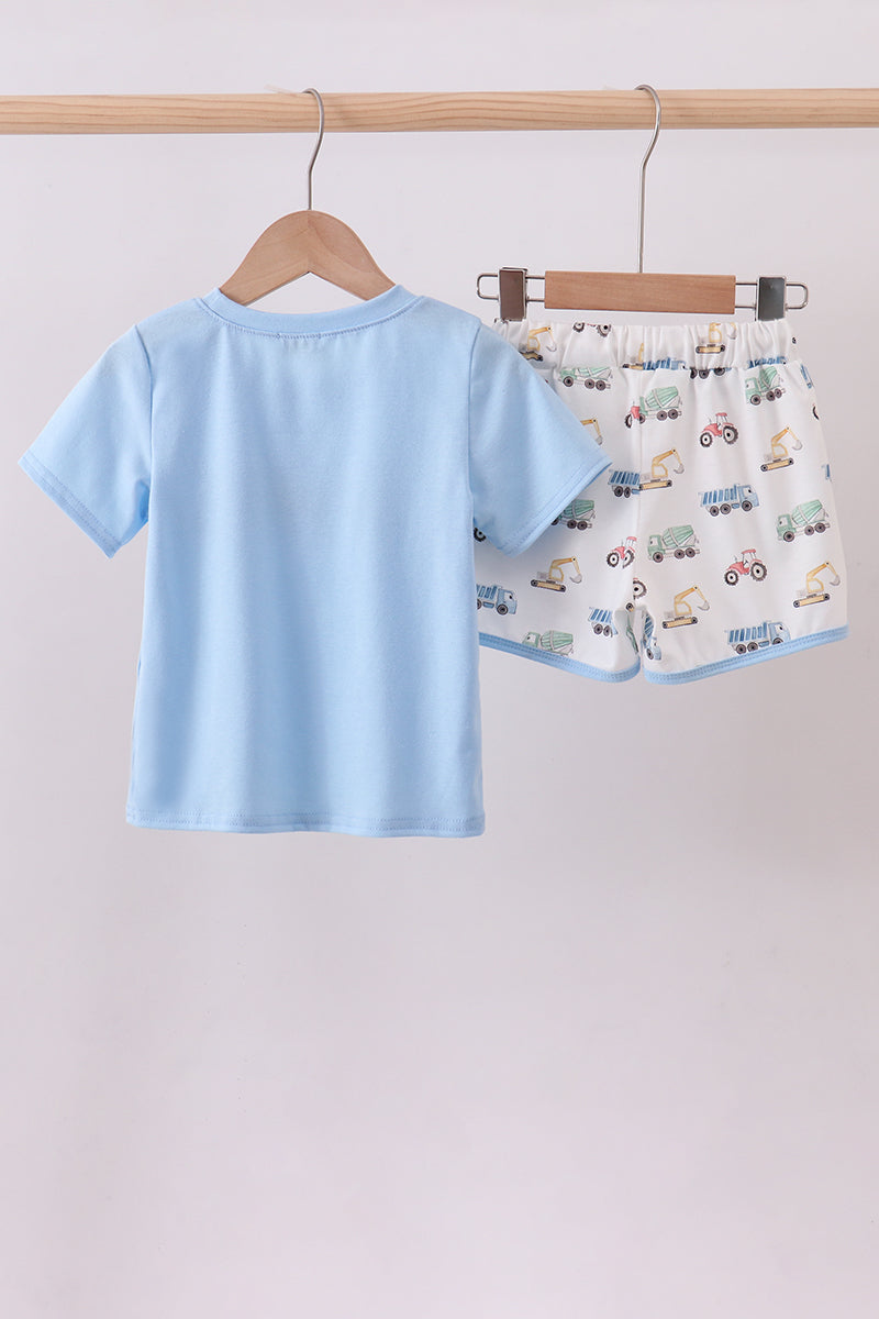 Blue Car Embroidery Shorts Set