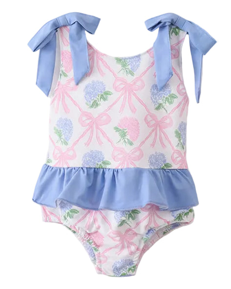 Blue Bow Floral Ruffle Swimsuit