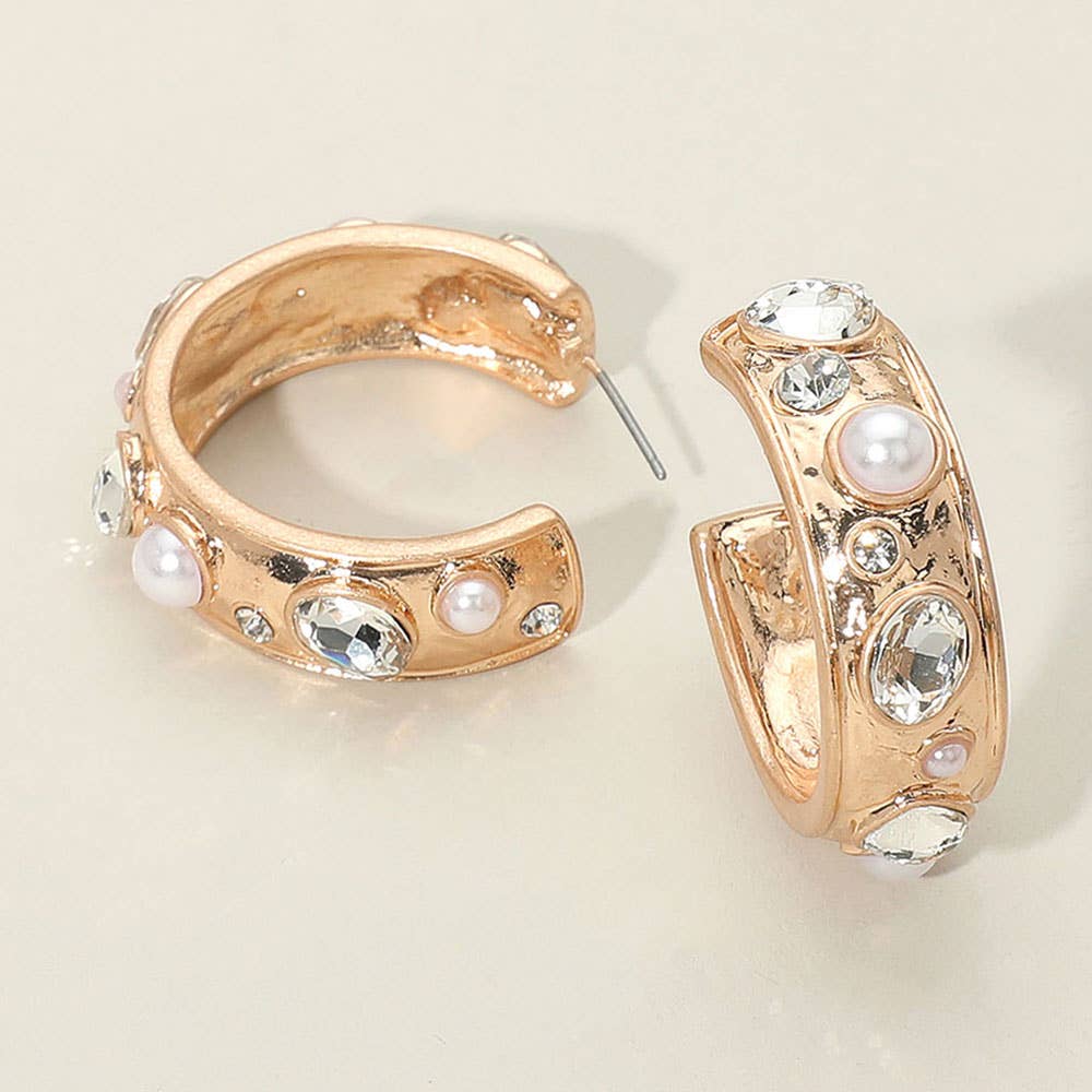 Mixed Stone Pearl Embellished Hoop Earrings
