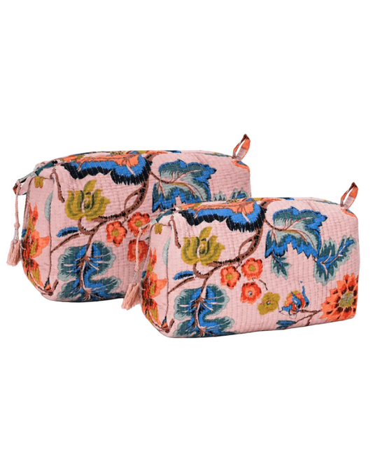 Pink & Blue Botanical Cotton Quilted Cosmetic Set