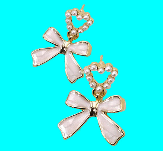 Bow Heart Pearl Drop Earrings