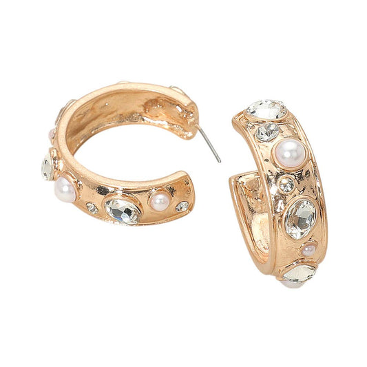 Mixed Stone Pearl Embellished Hoop Earrings