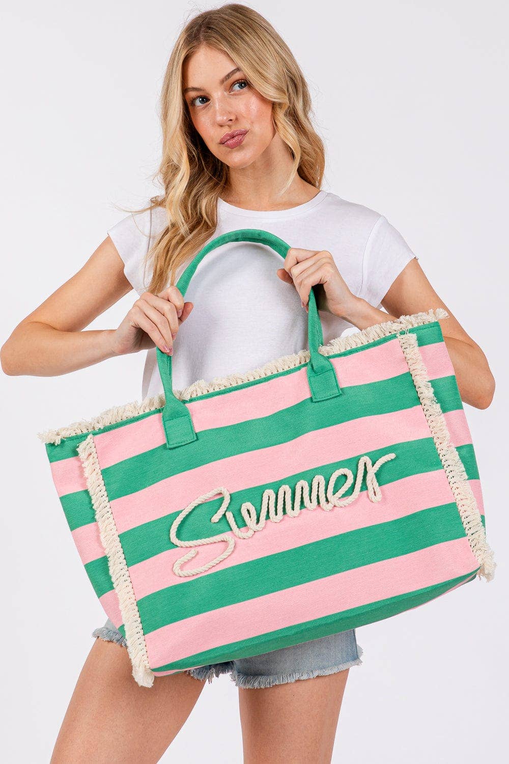 Summer Letter Fringe Striped Tote Bag