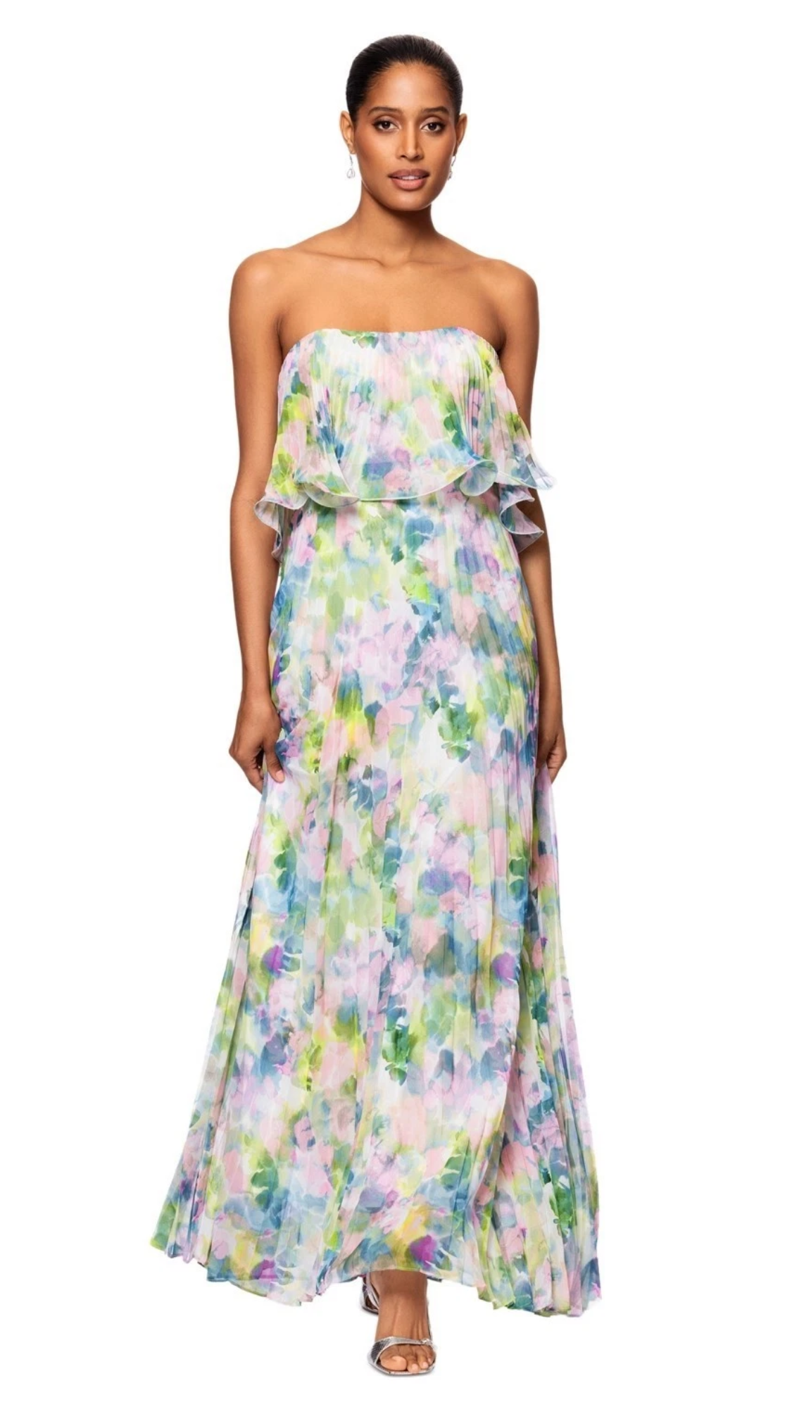 Women's Printed Pleated Strapless Gown