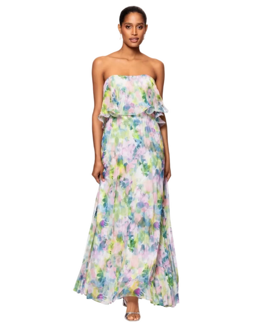 Women's Printed Pleated Strapless Gown