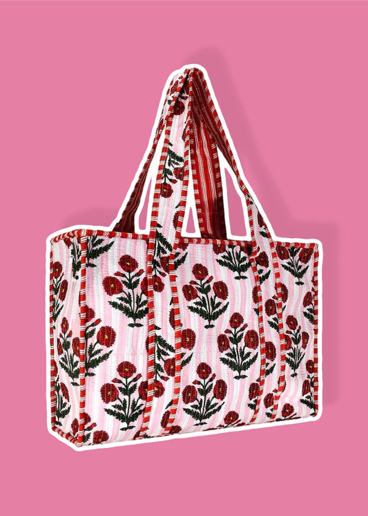 Pink Floral Cotton Tote Bag- Large
