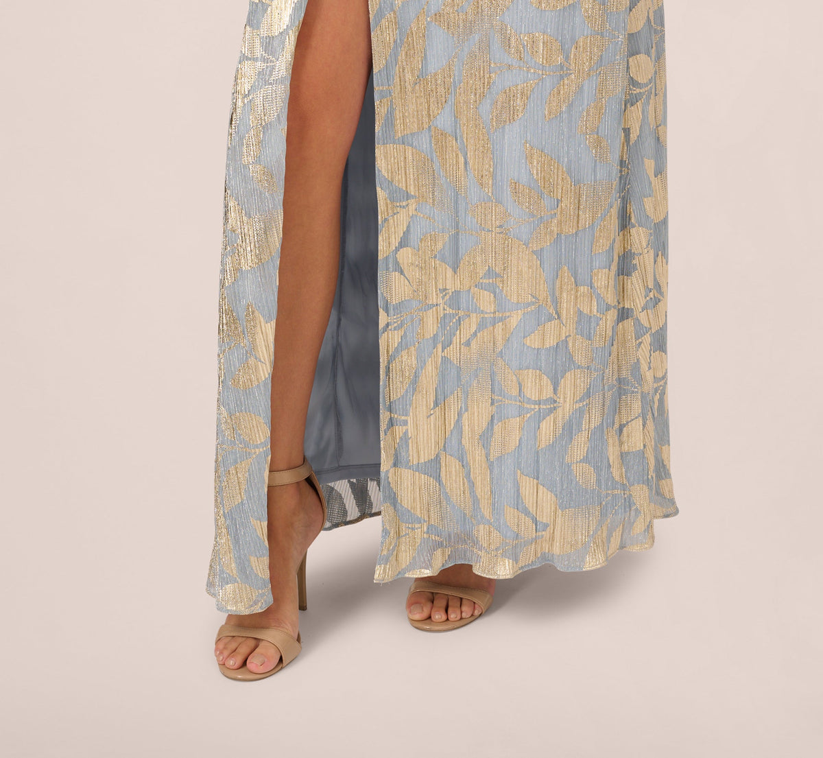 Women's Foil Leaf Flutter-Sleeve Draped Gown