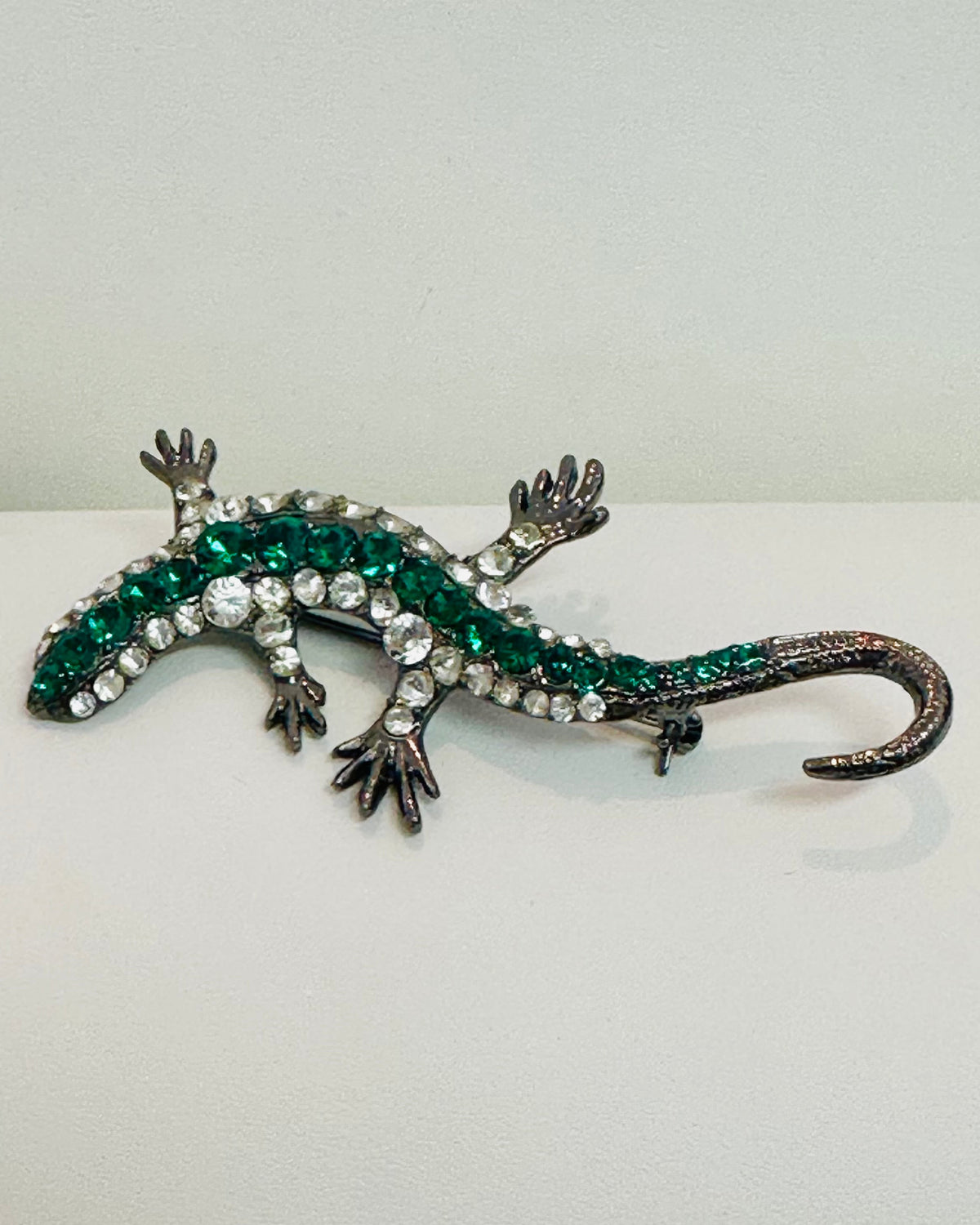Emerald & Clear Rhinestone Lizard Brooch
