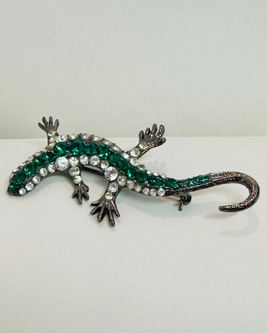Emerald & Clear Rhinestone Lizard Brooch