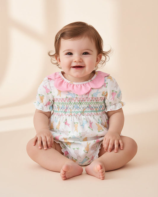 Pink Bunny Smocked Ruffle Bubble
