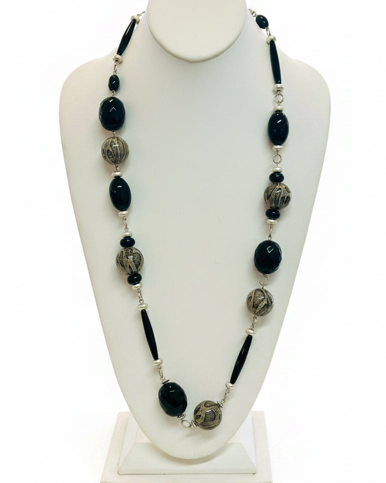 Vintage Mixed Media Beaded Statement Necklace with Textured Sage & Onyx Accents