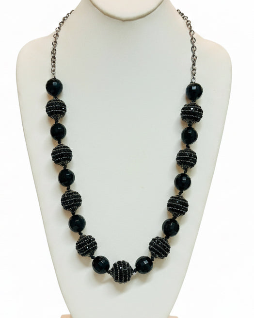 Vintage Jet Black Faceted & Micro-Pavé Mesh Bead Statement Necklace