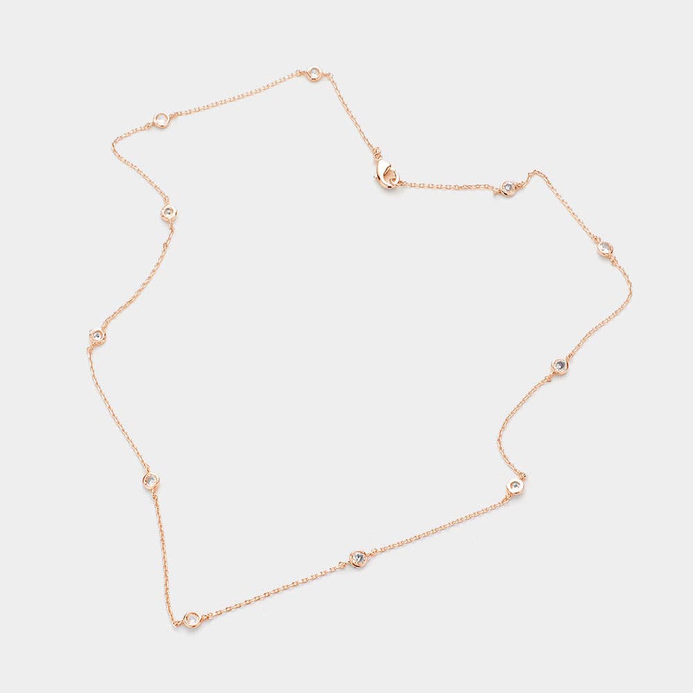 Gold Dipped Brass Metal Round CZ Station Necklace