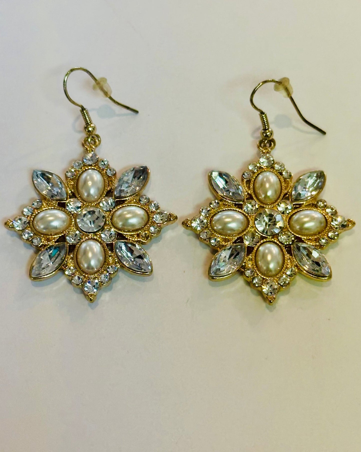 Vintage Starburst Filigree Drop Earrings with Faux Pearl & Marquise Crystal