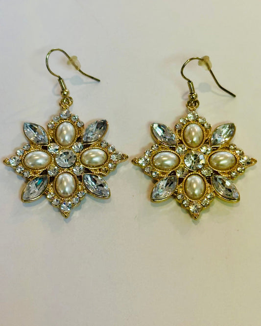 Vintage Starburst Filigree Drop Earrings with Faux Pearl & Marquise Crystal