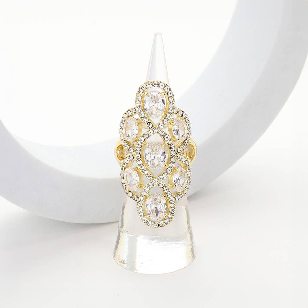 Embellished Oval CZ Stone Flower Stretch Ring