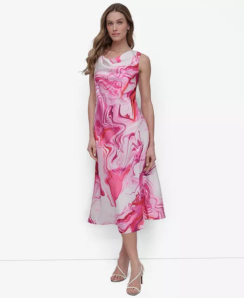 Women's Abstract-printed Cowlneck Sleeveless Midi Dress