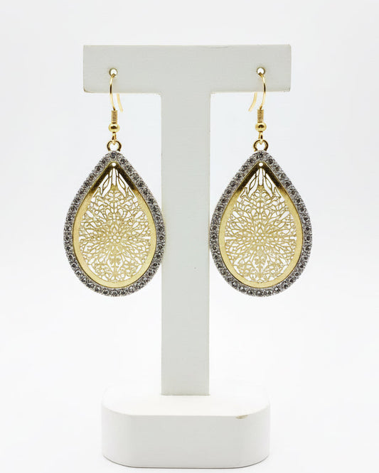 Vintage Filigree Teardrop Gold Tone Dangle Earrings