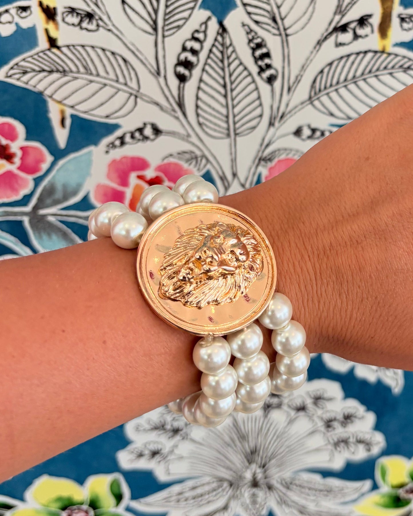 Vintage Multi-Strand Pearl Lion Head Medallion Statement Bracelet