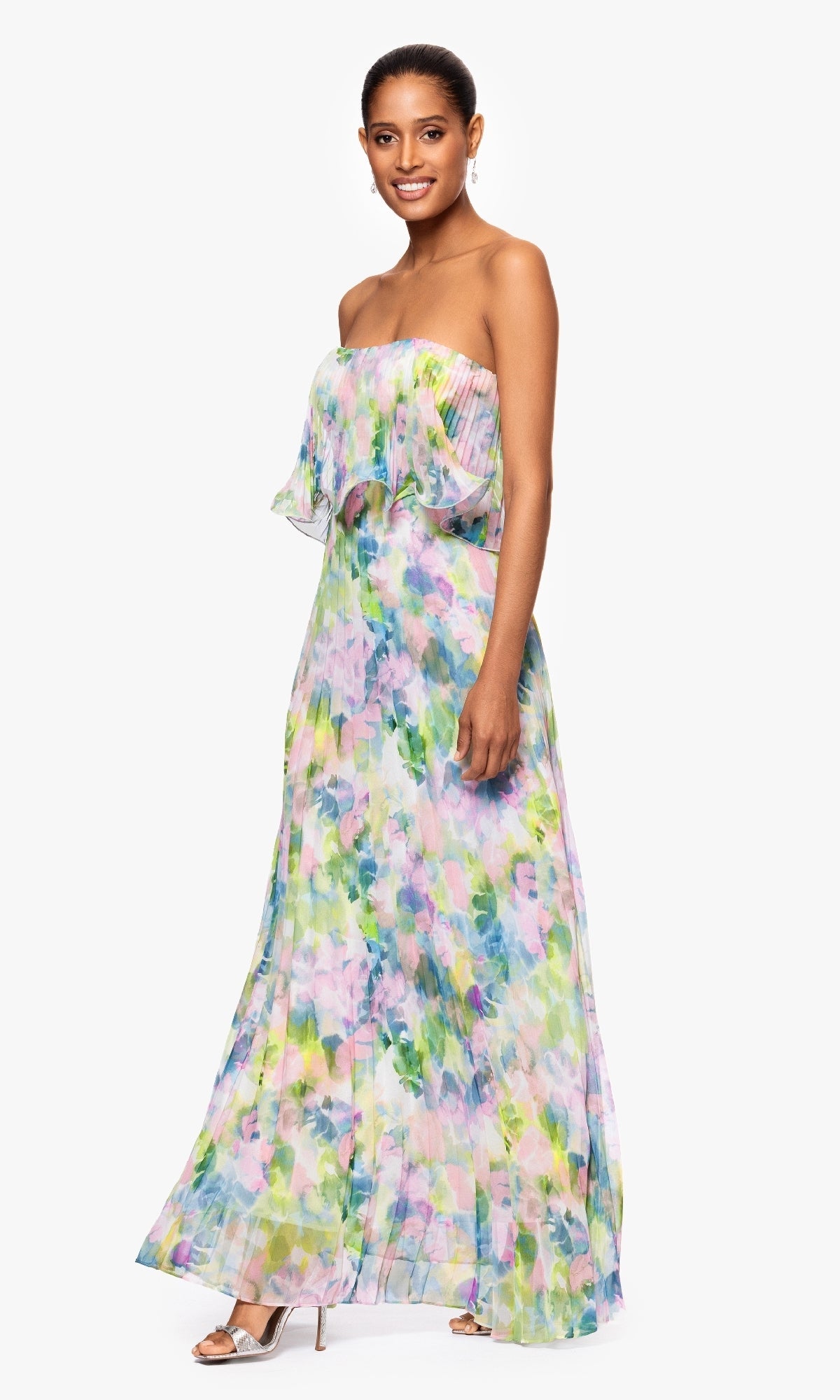 Women's Printed Pleated Strapless Gown