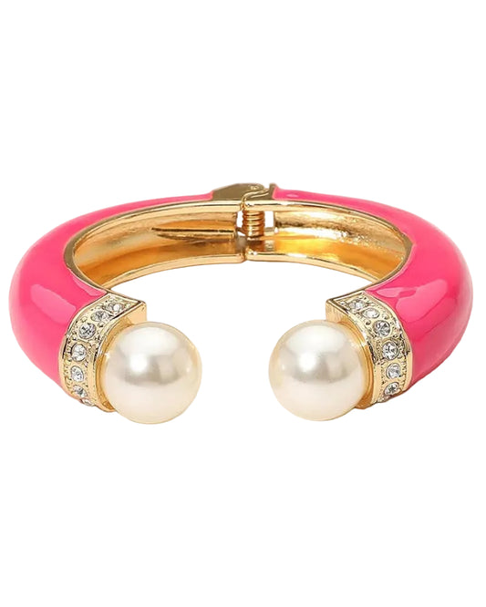 Pink & Pearl Enamel Hinged Cuff Bracelet