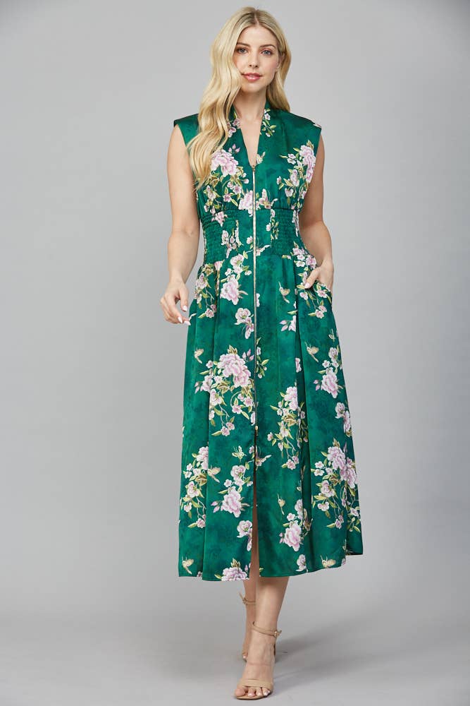 Vintage Green Floral Zip Dress