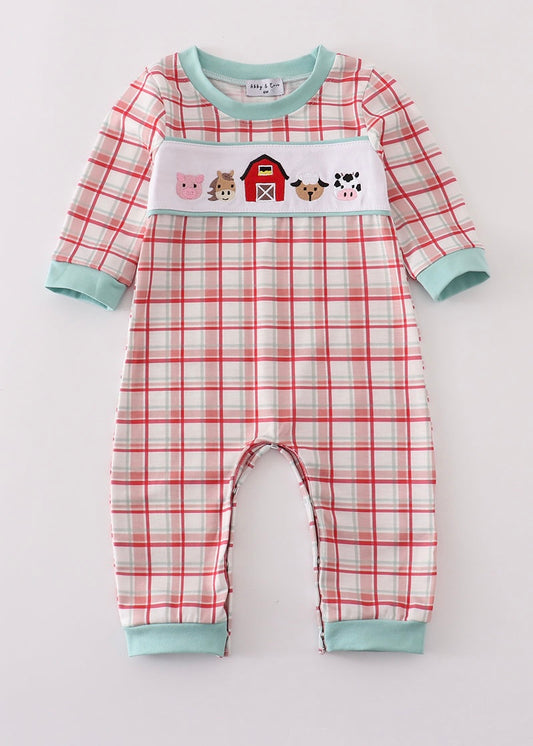 Red Plaid Farm Embroidery Romper
