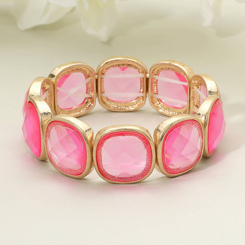 Round Square Glass Stone Frame Beaded Stretch Bracelet