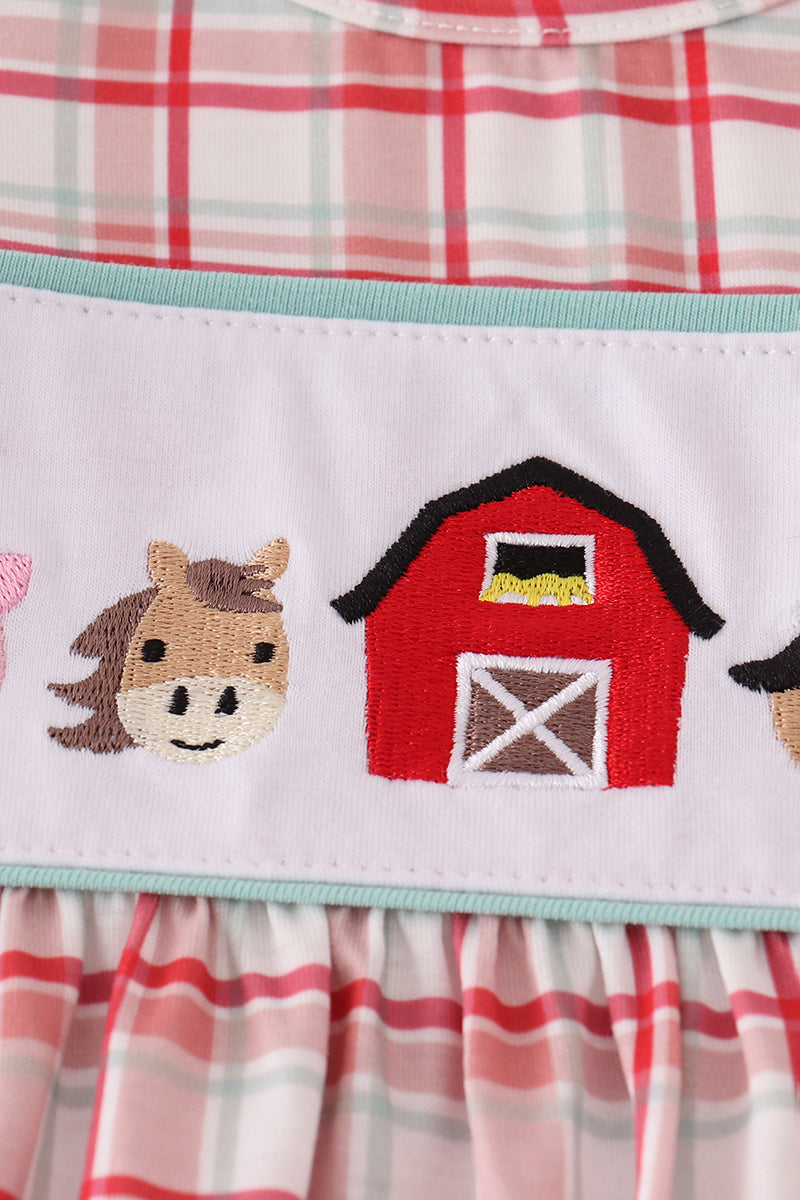 Red Plaid Farm Embroidery Ruffle Bubble