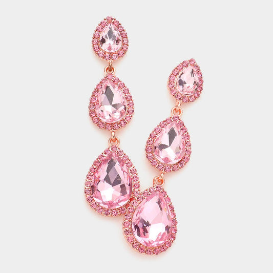 Pink Triple Teardrop Stone Drop Earrings
