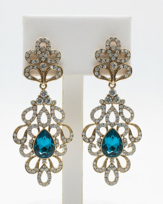 Vintage Deadstock Teal Crystal Chandelier Earrings