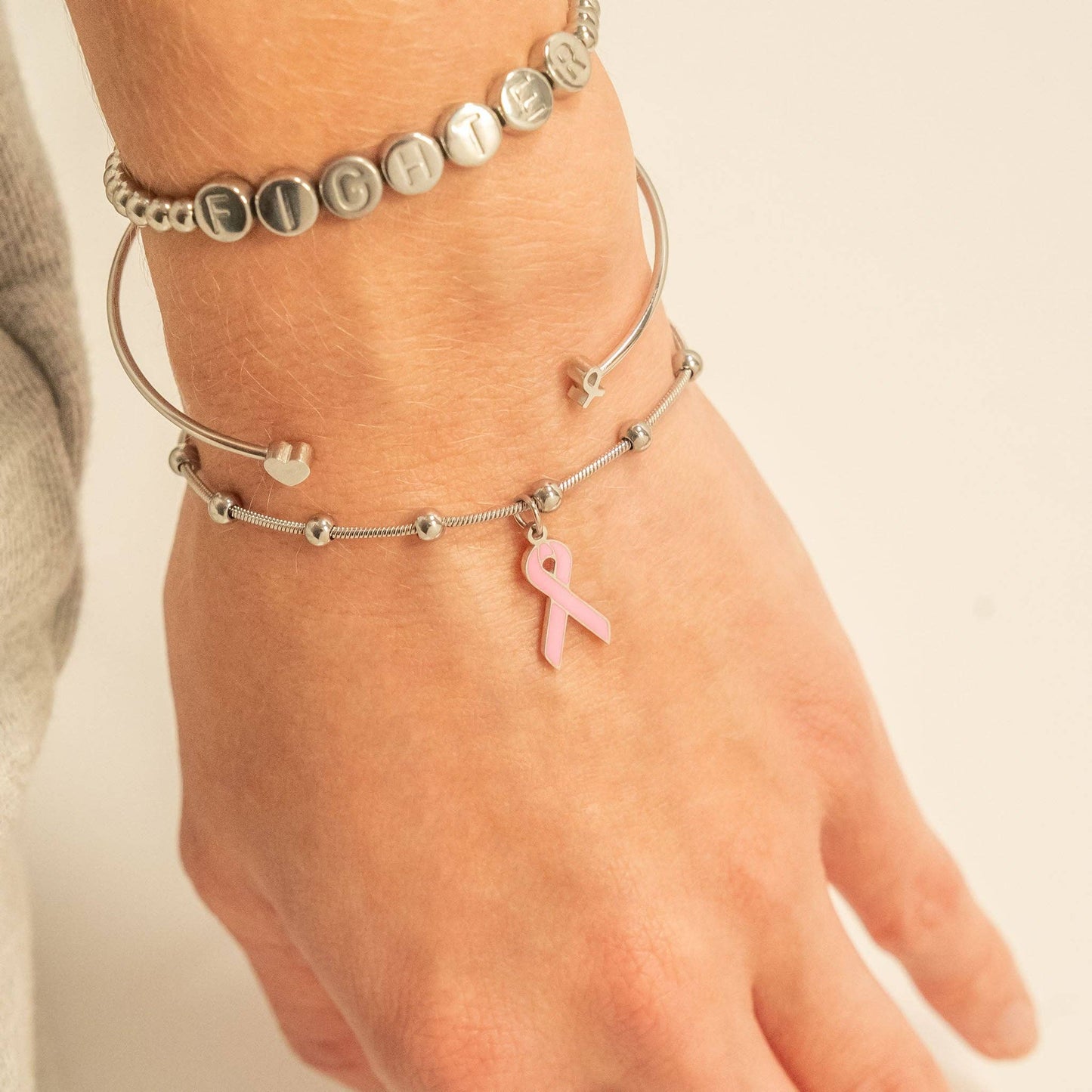 Breast Cancer Awareness Adjustable Ribbon Charm Bracelet