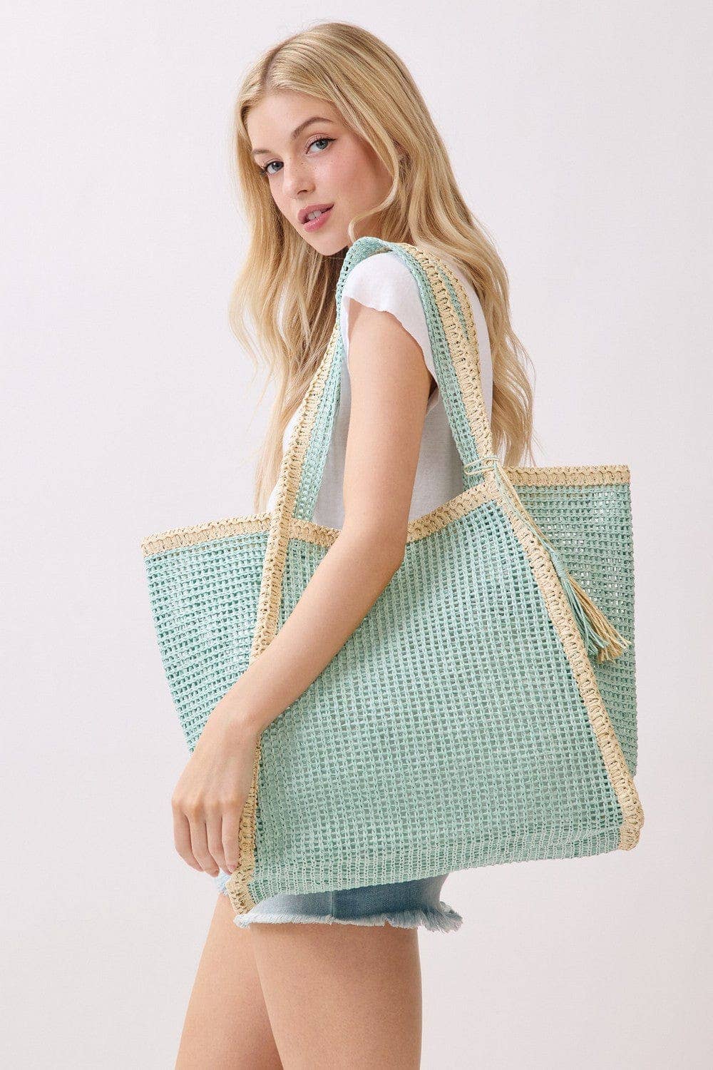 Two Tone Woven Straw Beach Tote Bag